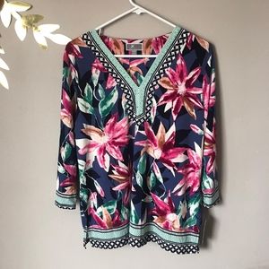 Jm Collection Floral Print 3/4 Sleeve V-neck PXL